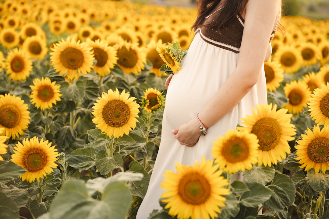 Pregnant woman poses in a field of sunflowers.