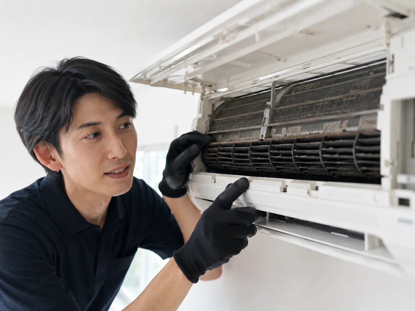 ホコリや汚れが付着したエアコンの熱交換器と送風ファン
