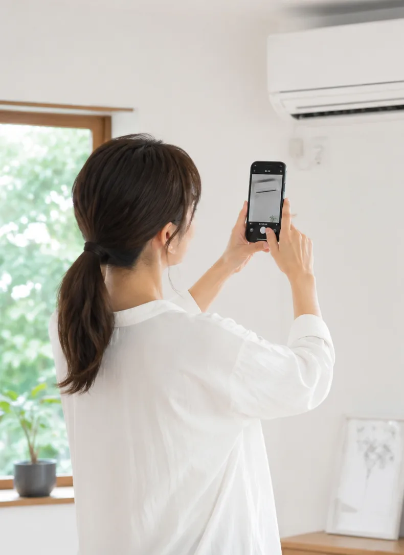 エアコンの水漏れやカビの状態をスマートフォンで撮影して相談する女性