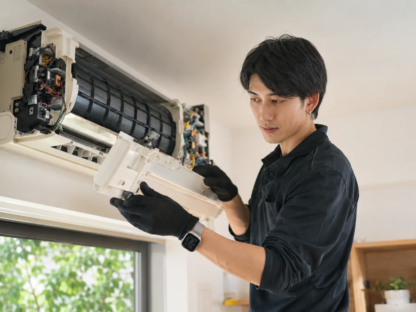 お掃除機能付きエアコンのユニットや外装部品を取り外す作業イメージ
