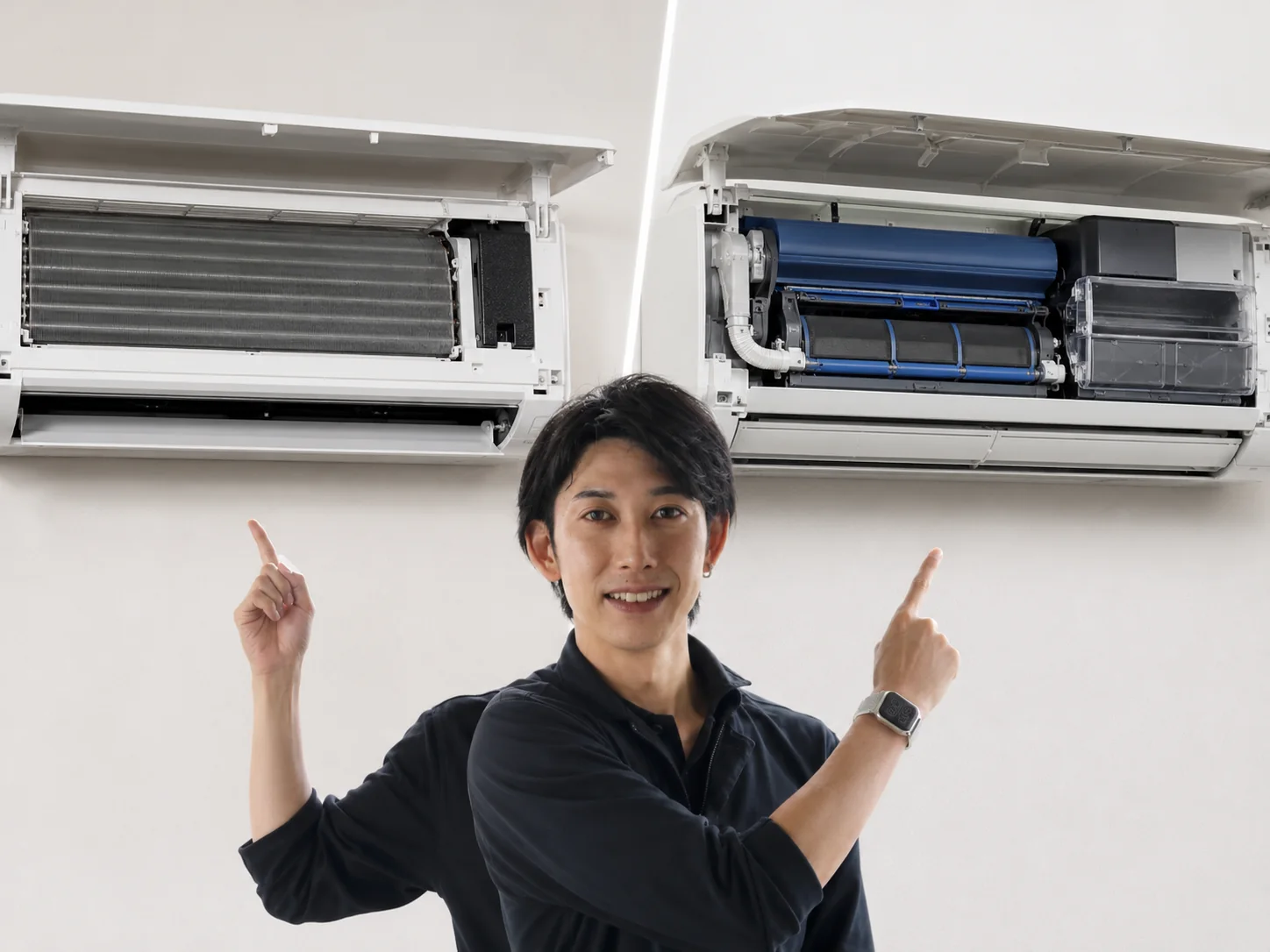 ノーマルエアコンとお掃除機能付きエアコンの内部構造を比較したイメージ