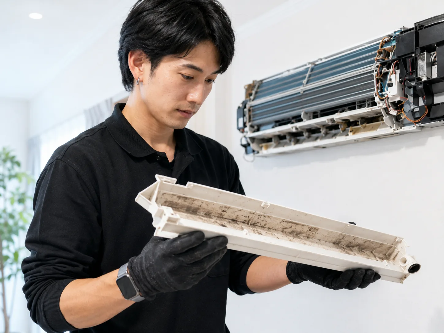 エアコン完全分解洗浄で取り外したドレンパン内部を確認する作業イメージ