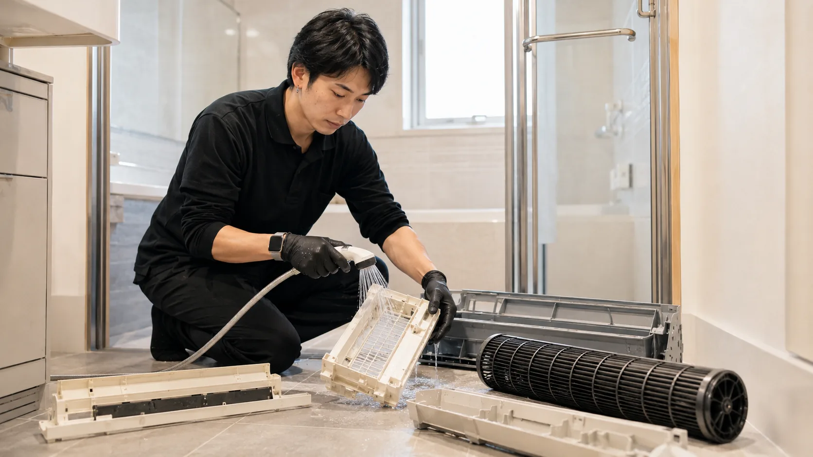 エアコン完全分解洗浄で取り外した送風ファンや外装部品を洗浄する作業イメージ