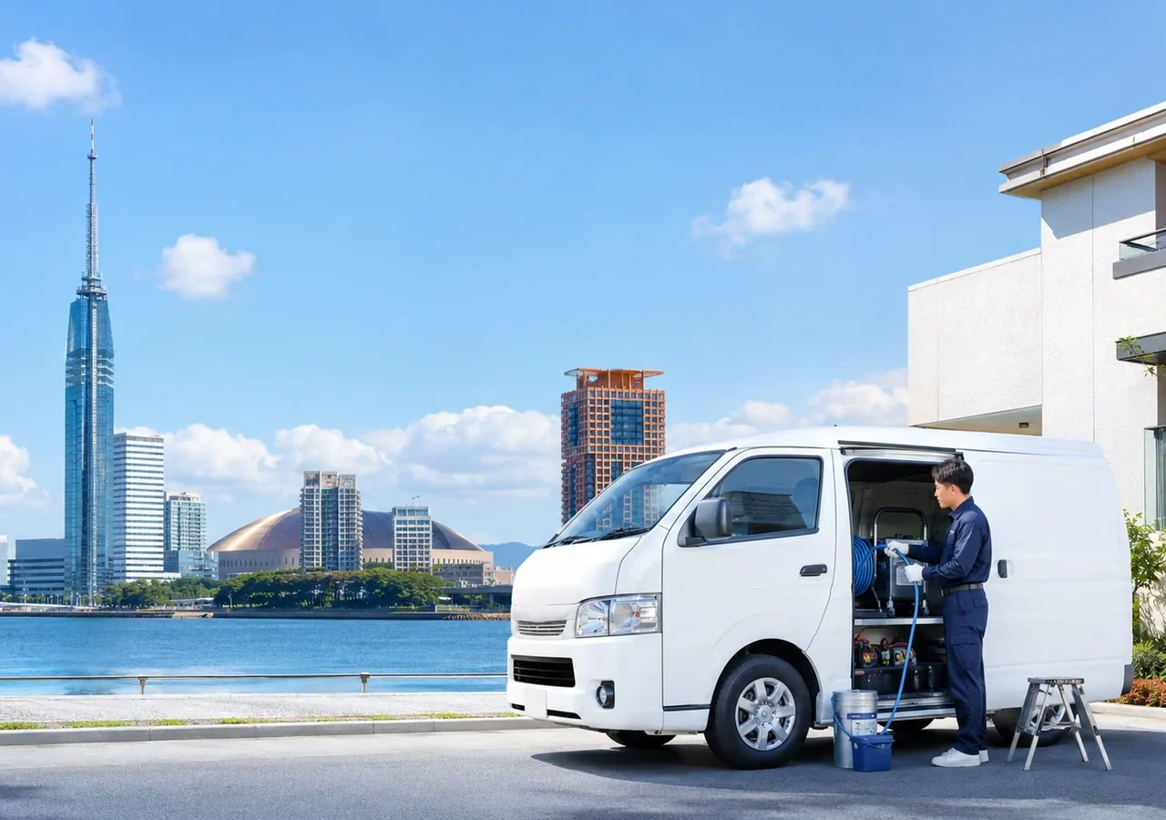 福岡市の街並みを背景に訪問準備をするClear Linkスタッフのサービスイメージ