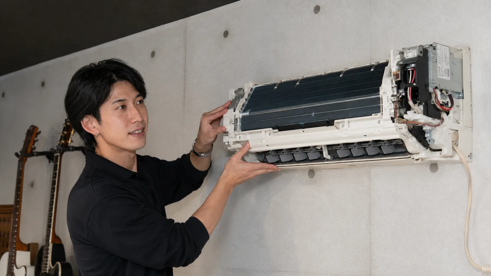 送風ファンやドレンパンなどを取り外したエアコン完全分解の状態