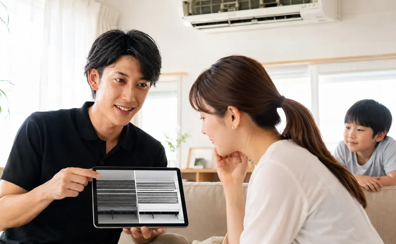 エアコンの作業前後の状態をお客様と確認するClear Linkスタッフのサービスイメージ
