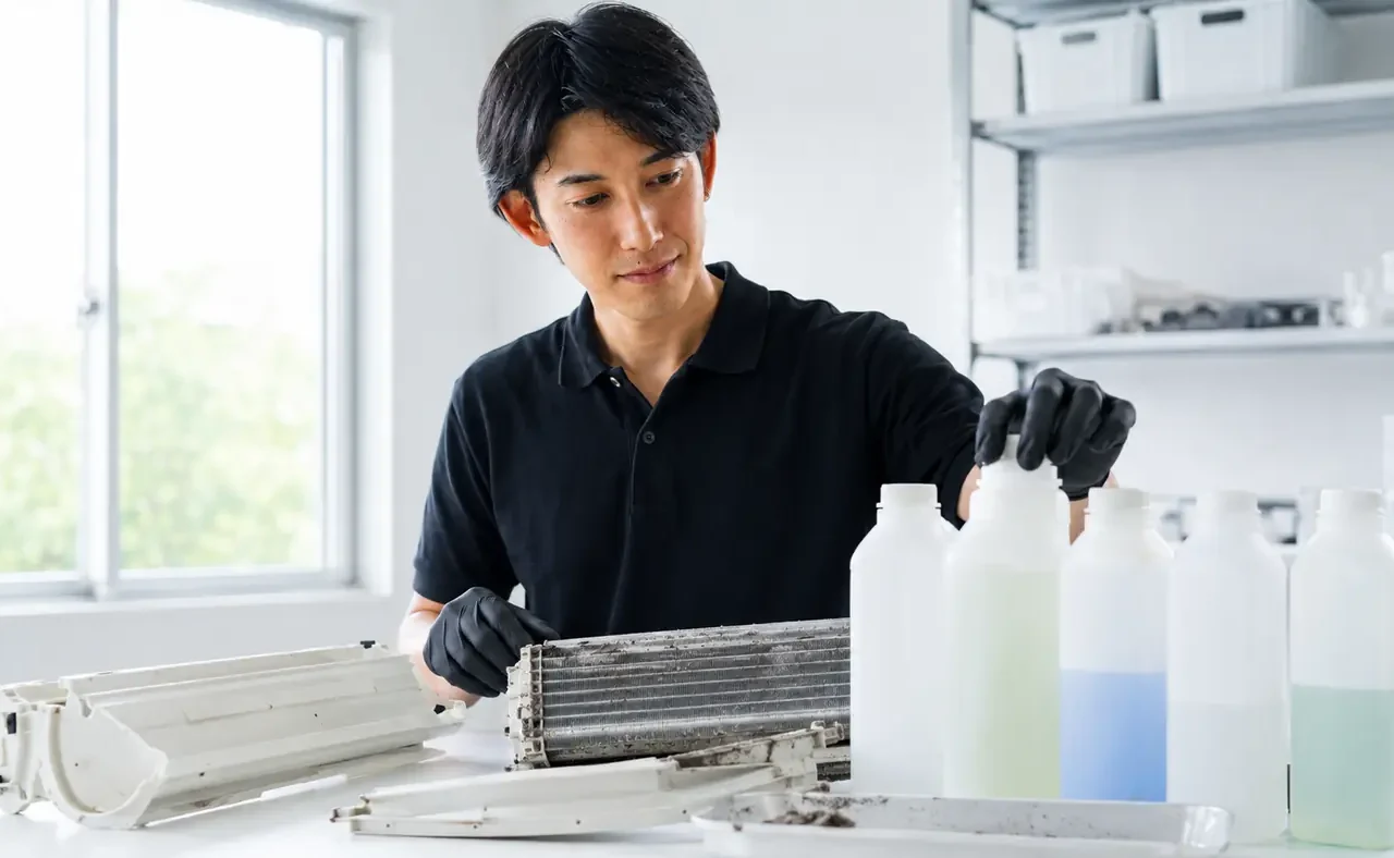 エアコン部品と汚れを確認して使用する洗剤を選ぶClear Linkスタッフのサービスイメージ