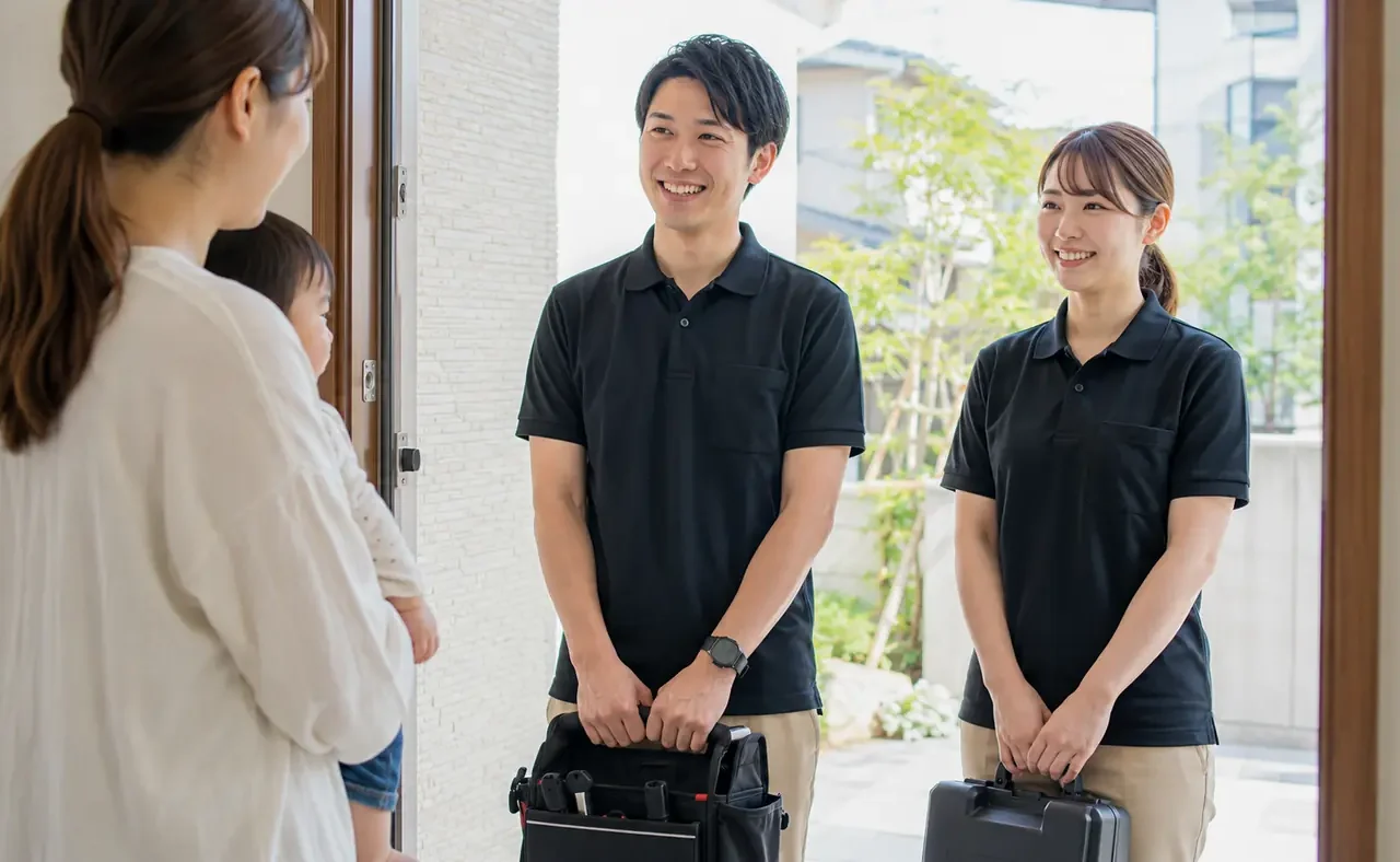 ご家庭を訪問するClear Linkの男性スタッフと女性スタッフのサービスイメージ