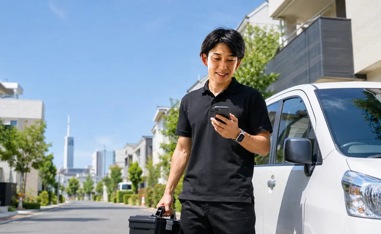 福岡の住宅街で訪問準備をするClear Linkスタッフのサービスイメージ