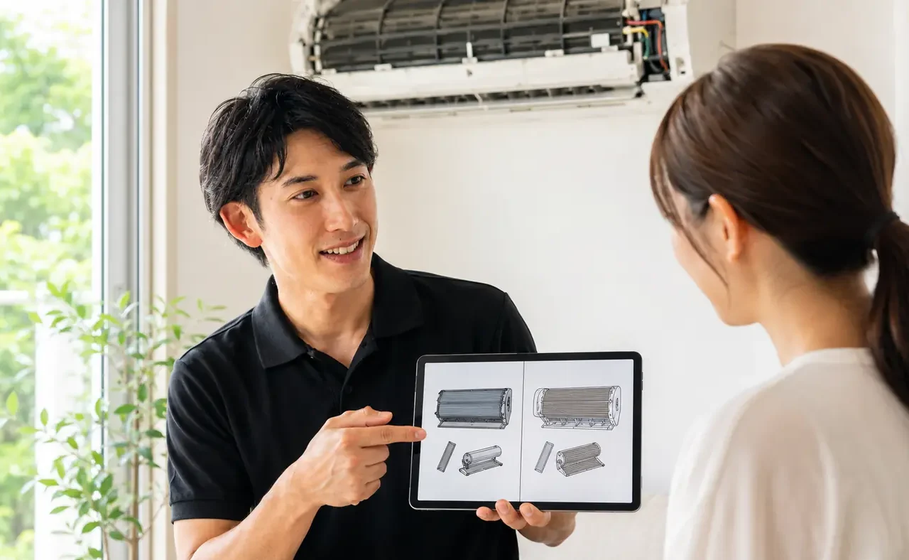 通常洗浄と完全分解の違いをお客様へ説明するClear Linkスタッフのサービスイメージ