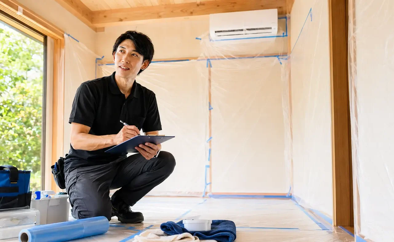 室内を丁寧に養生して作業前の確認を行うClear Linkスタッフのサービスイメージ